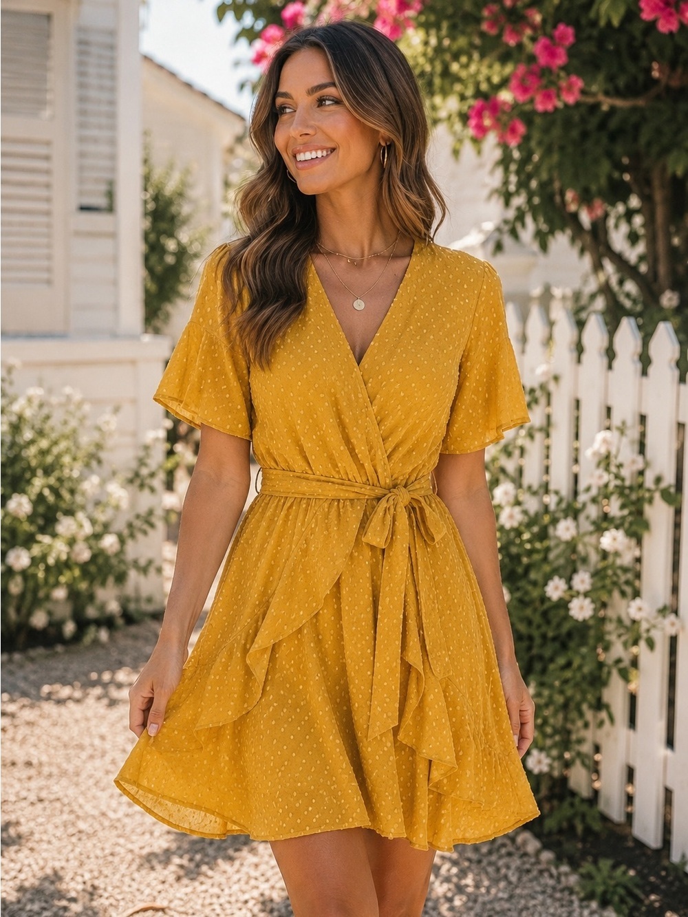 Yellow Polka Dot Swiss Dot Ruffle-Trim Tiered Pleated Wrap Dress Size Small